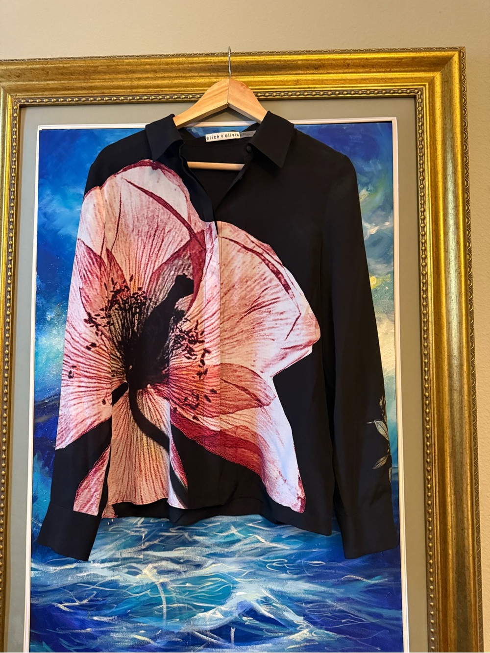 Alice + Olivia Black Button-Down Shirt with Large Pink Floral